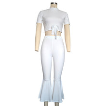 Load image into Gallery viewer, White Two Piece Set Summer Outfits Short Sleeve Bow Tie Up Top and Cropped Flare Pants Suit Fashion Sexy Women Sets