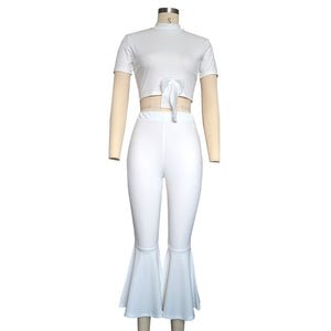 White Two Piece Set Summer Outfits Short Sleeve Bow Tie Up Top and Cropped Flare Pants Suit Fashion Sexy Women Sets