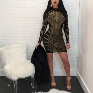 Rhinestone Bodycon Mini Dress Women Winter Long Sleeve Elegant Embellished Celebrity Evening Party Dress NightClub Dresses