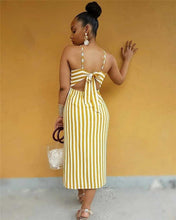 Load image into Gallery viewer, Spaghetti Strap V Neck Striped Button Dress Women Sexy Split Front Bow Tie Up Back Yellow Bodycon Dress Beach Vacation Dresses