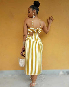 Spaghetti Strap V Neck Striped Button Dress Women Sexy Split Front Bow Tie Up Back Yellow Bodycon Dress Beach Vacation Dresses