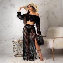 Load image into Gallery viewer, Fringed Tassel Summer Beach Dress Women Sexy Off Shoulder Maxi Dress Long Sleeve Boho Knit Crochet Hollow Out Party Long Dress