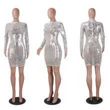 Load image into Gallery viewer, Long Sleeve Women Sequin Dress Autumn Winter Silver Sparkly Bodycon Dress Elegant Sexy Night Club Celebrity Glitter Party Dress