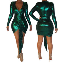 Load image into Gallery viewer, Sexy Glitter Metallic Long Sleeve Bodycon Dress Women V-Neck Ruched Sheath Night Party Wrap Dress Celebrity Club Wear Mini Dress