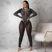 Load image into Gallery viewer, Pearls Beading Rhinestone Mesh Jumpsuit Women Sexy See-through Long Sleeve One Piece Bodysuit Party Birthday Overalls Outfits