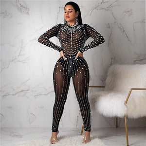 Pearls Beading Rhinestone Mesh Jumpsuit Women Sexy See-through Long Sleeve One Piece Bodysuit Party Birthday Overalls Outfits