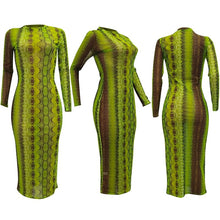 Load image into Gallery viewer, Party Club Dress Summer Sexy Sheer Bandage Bodycon Dress Long Sleeve Neon Green Snake Print Transparent Mesh Dress