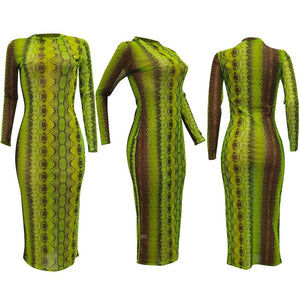 Party Club Dress Summer Sexy Sheer Bandage Bodycon Dress Long Sleeve Neon Green Snake Print Transparent Mesh Dress