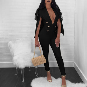 Women Sexy Elegant Formal Jumpsuit Autumn Winter Deep V Neck Cloak Cape Bodysuit Romper Button Long Pants One Piece Overalls XXL