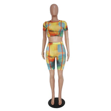 Load image into Gallery viewer, Tie Dye Print 2 Piece Outfits for Women Two Piece Set Crop Top and Shorts Set Sheer Mesh Sexy Club 2 Piece Summer Set Tracksuit