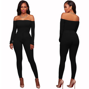 New Women Elegant Winter Jumpsuits Knitted Ribbed Long Sleeve Off Shoulder Casual Rompers Sexy Club Wear Bodycon Jumpsuit