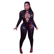 Load image into Gallery viewer, Sexy Hollow Out Lace Up Bodycon Jumpsuit Rompers Women Overalls Party Clubwear Sheer Mesh Patchwork Long Sleeve Printed Jumpsuit