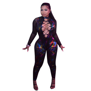 Sexy Hollow Out Lace Up Bodycon Jumpsuit Rompers Women Overalls Party Clubwear Sheer Mesh Patchwork Long Sleeve Printed Jumpsuit