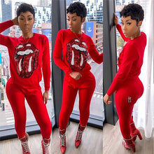 Load image into Gallery viewer, Fashion Sequined Lip Tongue Casual Tracksuit Two Piece Sets Women O-neck Long Sleeve Sweatshirt Top and Long Pants Sport Suits