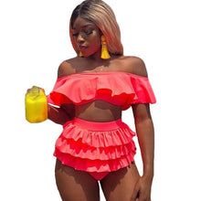 Load image into Gallery viewer, Layered Ruffles 2 Pieces Beach Outfits Summer Women Slash Neck Off the Shoulder Crop Tops and Mini Skirt Set Swim Suit Vacation