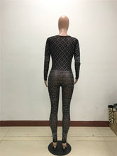 Load image into Gallery viewer, Sheer Mesh Sexy Black Rhinestone Jumpsuit Women Long Sleeve Open Front Skinny Full Bodysuits Pants Romper Club Party Jumpsuits