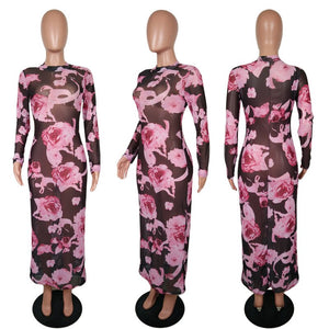 Floral Printed Sexy Sheer Mesh Bodycon Dress Women Autumn Crew Neck Long Sleeve See Through Dress Fashion Sexy Party Dresses