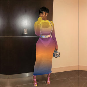 Rainbow Print Bodycon Maxi Dress Women O-neck Mesh See Through Long Sleeve Ankle-length Long Dress Sexy Party Night Club Dresses