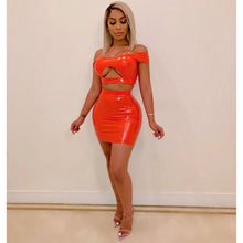 Load image into Gallery viewer, PU Leather Sexy Two Piece Set Women Off Shoulder 2 Piece Crop Top and Bodycon Skirt Set Party Summer Matching Sets Club Outfits