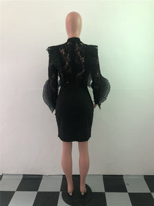 Women Long Sleeve Black Lace Dress Sexy Hollow Out Sheer Elegant Christmas Bodycon Dress Luxury Club Short Party Dresses Robe