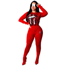 Load image into Gallery viewer, Fashion Sequined Lip Tongue Casual Tracksuit Two Piece Sets Women O-neck Long Sleeve Sweatshirt Top and Long Pants Sport Suits