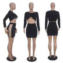 Load image into Gallery viewer, Sexy Black Two Piece Set Women Long Sleeve Ruched Crop Top and Hollow Out Skirt Set Club Bodycon Two Piece Outfits Matching Sets