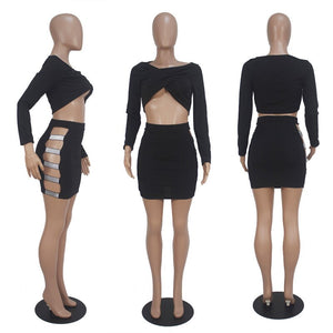 Sexy Black Two Piece Set Women Long Sleeve Ruched Crop Top and Hollow Out Skirt Set Club Bodycon Two Piece Outfits Matching Sets