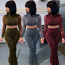 Load image into Gallery viewer, Night Club Party Glitter Two Piece Set Women Mock Neck Crop Top and Flare Pant Sexy 2 Piece Matching Outfits Women Sets Clothes