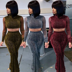 Night Club Party Glitter Two Piece Set Women Mock Neck Crop Top and Flare Pant Sexy 2 Piece Matching Outfits Women Sets Clothes