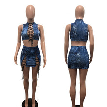 Load image into Gallery viewer, Sexy Lace up Two Piece Sets Women Bodycon Dresses Summer Sleeveless Hollow Out Jeans Crop Top and Skirt Set Party Club Outfit