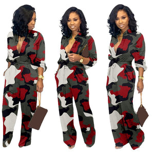 Autumn Casual Rompers Womens Jumpsuit Plus Size Camouflage Print Jumpsuit Long Sleeve Pockets Loose Wide Leg Jumpsuit Overalls