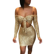 Load image into Gallery viewer, Sequin Sexy 2 Piece Set Women Festival Clothing Off Shoulder Crop Top Two Piece Skirt Set Party Club Outfits Women Matching Sets