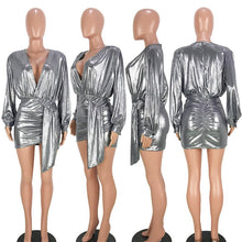 Load image into Gallery viewer, Sexy Silver Long Sleeve Mini Dress New Women Deep V Neck Ruched Night Out Clubwear Metallic Wrap Dress Asymmetrical Club Dresses