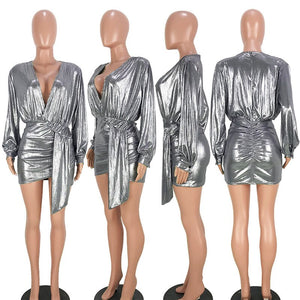 Sexy Silver Long Sleeve Mini Dress New Women Deep V Neck Ruched Night Out Clubwear Metallic Wrap Dress Asymmetrical Club Dresses