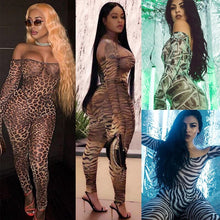 Load image into Gallery viewer, Bandage Bodycon Sexy Jumpsuit Women Off Shoulder Sheer Mesh Animal Print Jumpsuit Long Sleeve Sexy Party Club Romper Overalls