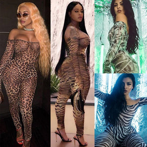 Bandage Bodycon Sexy Jumpsuit Women Off Shoulder Sheer Mesh Animal Print Jumpsuit Long Sleeve Sexy Party Club Romper Overalls