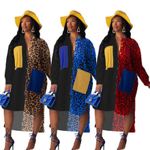 Load image into Gallery viewer, Autumn Long Sleeve Shirt Dress Women Turn-down Collar Loose Casual Dress Leopard Patchwork Pockets Streetwear Oversized Dress