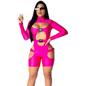 Womens Sexy Playsuit Summer Short Jumpsuit Romper Bodysuit Long Sleeve Neon Gothic Casual Hollow Out Bodycon Romper Jumpsuit