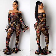 Load image into Gallery viewer, Sexy Mesh 2 Piece Set Women Club Outfits Festival Clothing Party Bodysuit Top and Flare Pants Set Two Piece Matching Women Sets