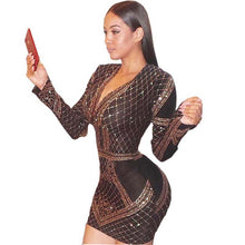 Load image into Gallery viewer, Sexy Elegant Gold Glitter Dress Women Clothes Winter Long Sleeve V Neck Geometric Printed Bodycon Birthday Party Club Dress