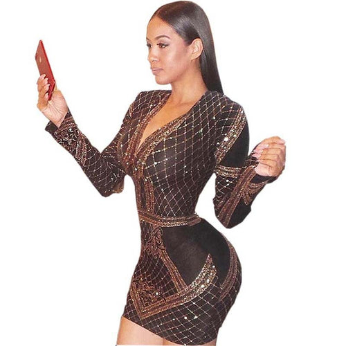 Sexy Elegant Gold Glitter Dress Women Clothes Winter Long Sleeve V Neck Geometric Printed Bodycon Birthday Party Club Dress