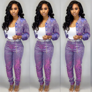 Sequin Glitter 2 Piece Set Women's Suit Single-breasted Jacket Top and Long Pants Sexy Club Outfits Matching Sets Ensemble Femme