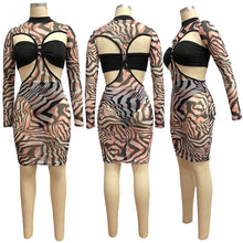 Load image into Gallery viewer, Women Zebra Leopard Sheer Mesh Sexy Club Dress with Underwear Long Sleeve Hollow Out See Through Sheath Midi Party Dress Vestido