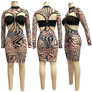 Women Zebra Leopard Sheer Mesh Sexy Club Dress with Underwear Long Sleeve Hollow Out See Through Sheath Midi Party Dress Vestido