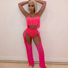 Load image into Gallery viewer, Women 2 Piece Sexy Club Outfits Set Festival Clothing Crop Top Hollow out Mesh Pants Set Party Tassel Two Piece Matching Sets