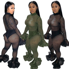 Load image into Gallery viewer, Women Mesh See-through Sexy Jumpsuit Autumn Long Sleeve Hollow Out One Piece Overalls Flare Pants Nightclub Party Romper