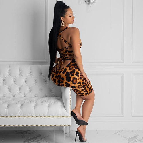 Backless Sexy Party Dress Women Animal Leopard Print Dress Autumn Off Shoulder Sheath Lace Up Elegant Bandage Bodycon Club Dress