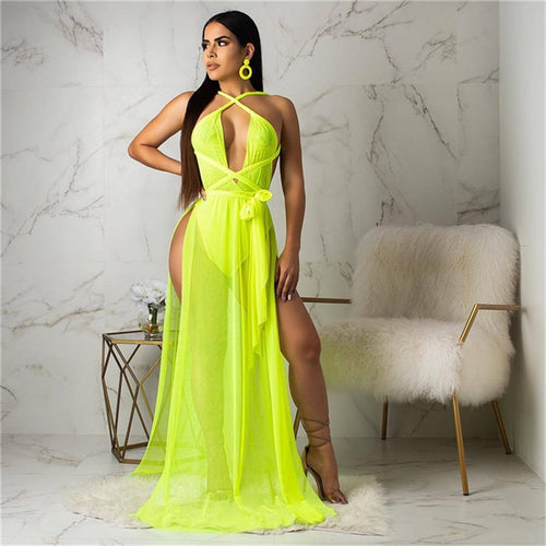 Women Summer Boho Long Maxi Dress Ladies Evening Party Beach Dresses Sexy Convertible High Split Sheer Mesh Backless Long Dress