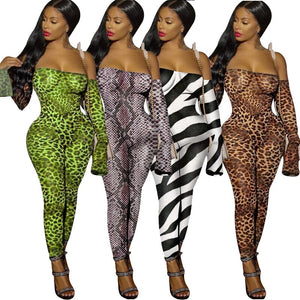 Autumn Sexy Club Rompers Womens Jumpsuit Long Trousers Pants Romper Off Shoulder Leopard Print Party Bodycon Jumpsuit Overalls