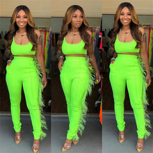 Load image into Gallery viewer, Neon Women Casual Two Piece Set Crop Top and Pants Set Festival Clothing Feather Bodycon 2 Piece Sexy Club Outfits Matching Sets